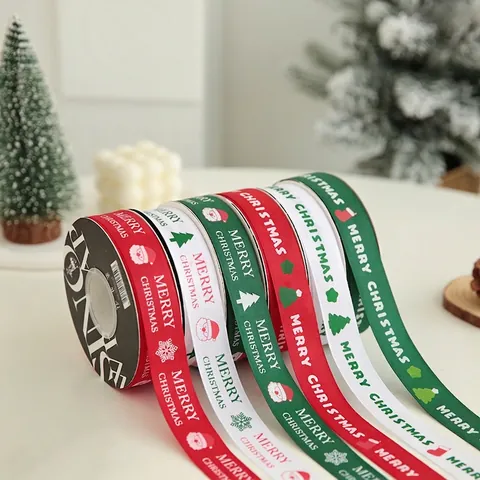 Christmas Ribbon Polyester Grosgrain Satin Gold Stamping Letter Printed For Gift Wrapping DIY Craft Home Party Decor