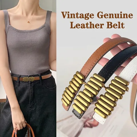 Vintage Damen Spalt-Rindsleder Dünner Gürtel Mit Glatter Legierung Schnalle Retro Lässiger Jeans Dekorativer Bund