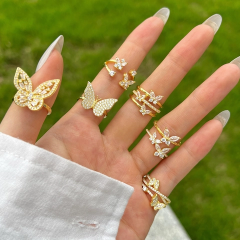 925 Sterling Silver Butterfly Zirconia Open Adjustable Ring Gold Plated Double Butterfly Finger Ring For Women Fashion Jewelry