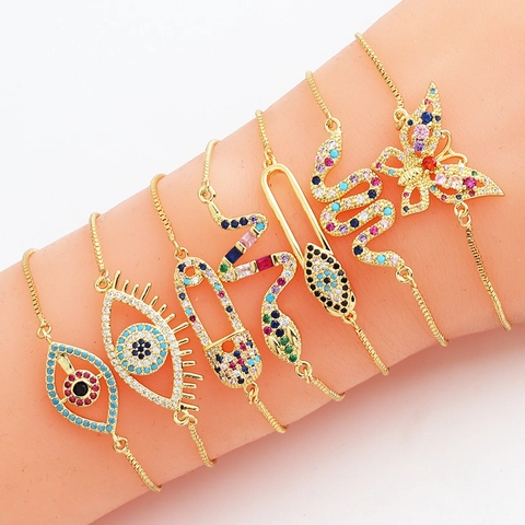 Bracciale Regolabile In Rame Placcato Oro Zirconia Cubica Multicolore Occhio Di Serpente Farfalla Spilla Gioielli Donne