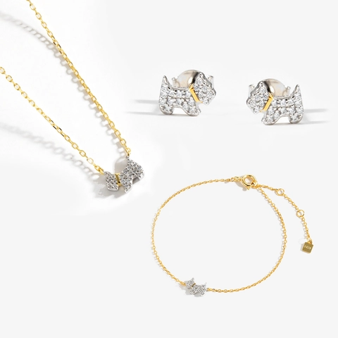 S925 Sterling Silver Scottie Dog Stud Earrings Rhinestone Puppy Pendant Necklace Cute Animal Bracelet For Women Fashion Jewelry