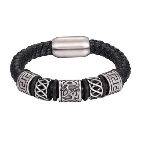 Geflochtenes Rindsleder Armband Mit Titanstahl Keltenknoten Perlen Retro Magnetverschluss Armreif Für Herren Damen