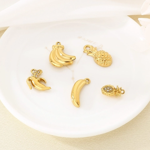 Stainless Steel Fruit Charms Banana Pineapple Shape Hollow Rhinestone DIY Jewelry Making Accessories For Women