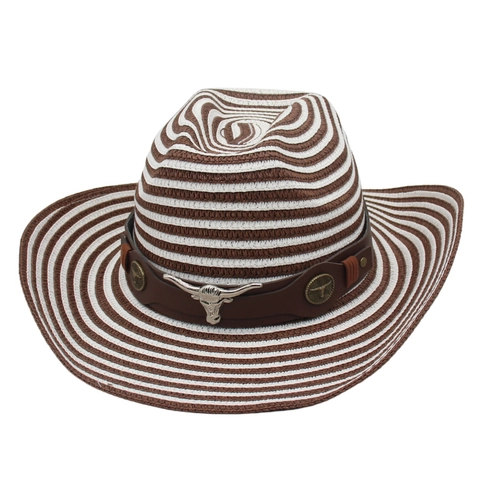 Western Cowboy Straw Hat Striped Sun Protection Beach Wide Brim With Bull Head Charm And Windproof Rope Men Women