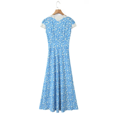 Floral Maxi Kleid V-Ausschnitt Spitze Patchwork Französisch Retro Elegant Kurzarm Viskose Damen
