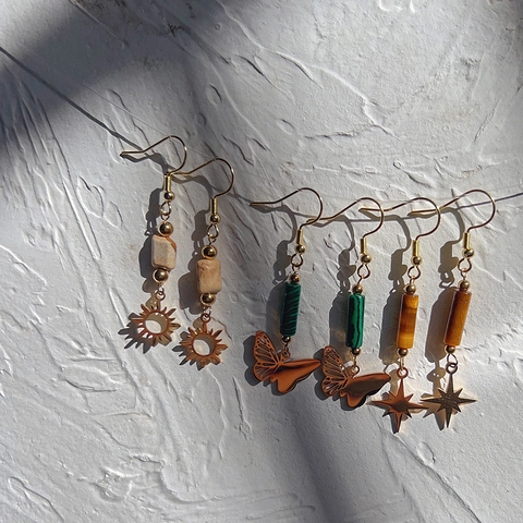 Böhmische Edelstahl Hängeohrringe Für Damen Vergoldet Achat Naturstein Sonne Mond Stern Schmetterling Anhänger Ohrringe Schmuck