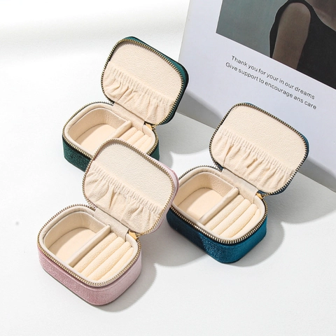 Portable Jewelry Organizer Box Velvet PU Leather Tweed Travel Storage Zipper Case Rings Earrings Necklaces Mini Elegant