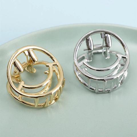 Pinza Para El Pelo Con Cara Sonriente Hueca Geométrica Redonda Metal Oro Plata Chapado Antideslizante Estilo Coreano Mujeres