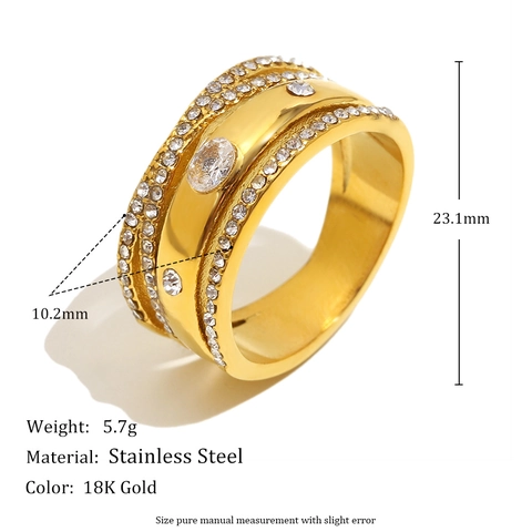 Wide Multi Layer Ring 18K Gold Plated Stainless Steel Pave White Zircon Fashion Elegant Commuter Jewelry For Women