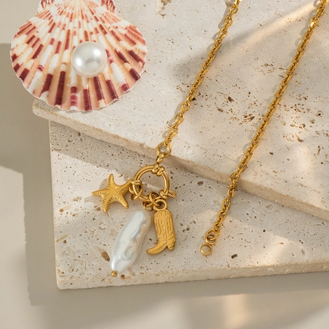 Collana Con Pendente In Acciaio Inossidabile Stella Marina Perla Artificial Barocca E Stivale Da Cowboy Placcato Oro Gioielli Da Spiaggia Donna