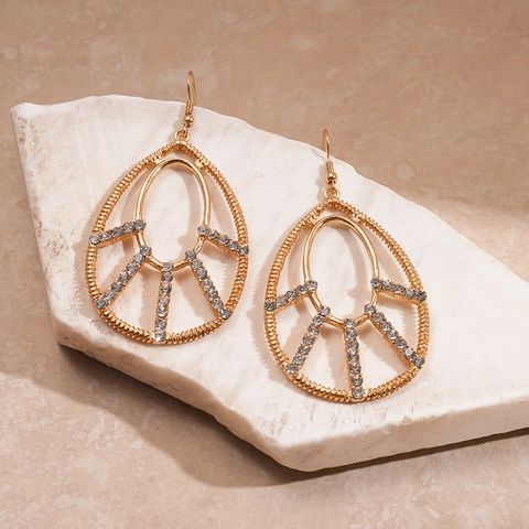 Bohemian Hollow Water Drop Earrings Gold Alloy Rhinestone Vintage Elegant Statement Jewelry For Women