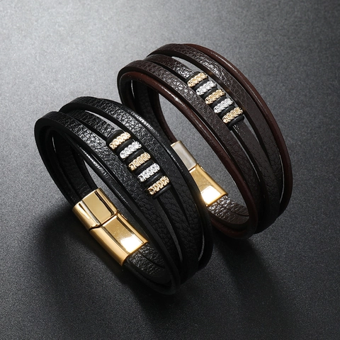 Herren Mehrlagiges Geflochtenes Lederarmband Mit Edelstahl Magnetverschluss Retro Trendy Legierung Strass Dekor