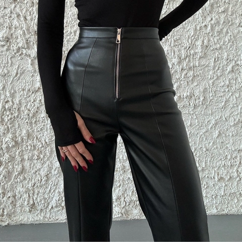 High Waist PU Leather Pants Women Solid Color Straight Leg Trousers With Front Zipper And Side Split Streetwear