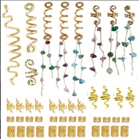 Dreadlock Hair Jewelry Metal Braid Rings Coils Cuffs With Natural Stone Pendants Ethnic Boho Hair Styling Accessories