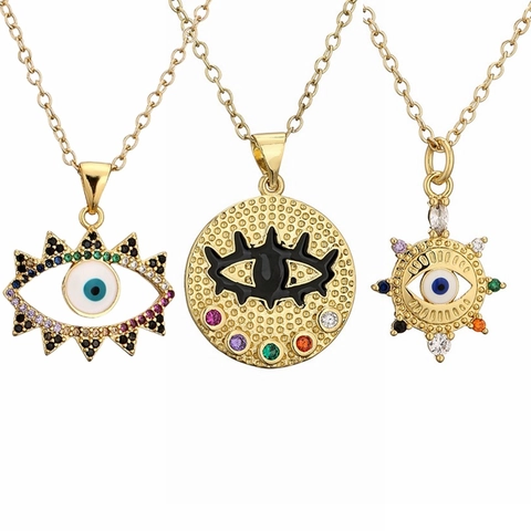 Evil Eye Pendant Necklace Copper Colorful Micro Pave Zircon Gold Plated Boho Jewelry For Women