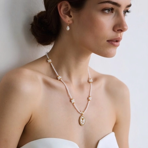 Vintage Enamel Flower Pendant Necklace Stainless Steel Beaded Chain Imitation Artificial Pearl Rose Tulip Shell Elegant Women