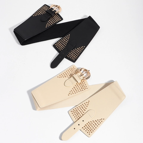 Women Wide Corset Belt Studded PU Leather Elastic Waistband Gold Round Buckle Rivet Decorative Cinch Belt For Dresses