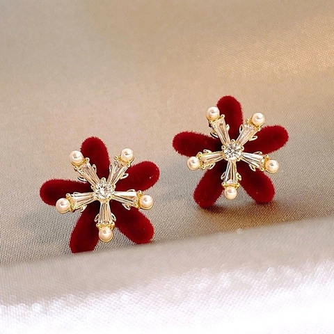 Rote Beflockte Blumen Schneeflocken Ohrstecker Mit Silberohrstecker Zirkonia Künstliche Perle Retro Winter Für Damen