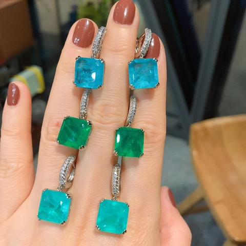 Square Paraiba Blue Synthetic Gemstone Drop Earrings Copper Platinum Plated With Cubic Zirconia Elegant Party Jewelry