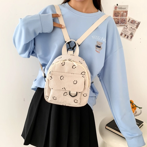 Mini Corduroy Backpack Smile Face Print Kawaii Small School Bag For Women Girls Casual Daily Travel Fashion Lightweight