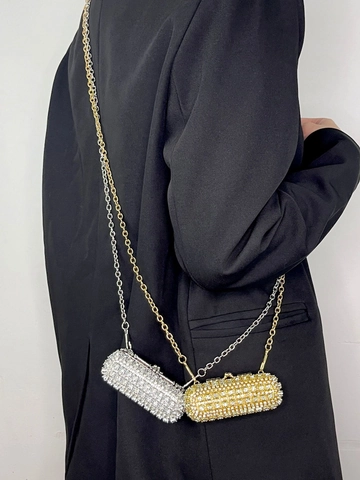 Women Mini Rhinestone Lipstick Crossbody Bag Luxury Metal Chain Evening Cylinder Pouch Purse Trendy Small Box Handbag