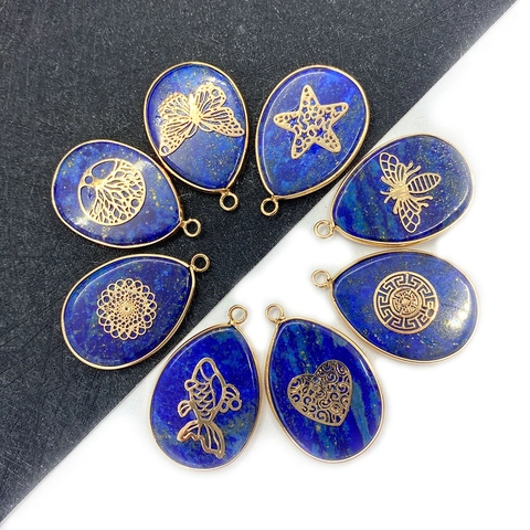 Natural Lapis Lazuli Stone Teardrop Pendants Gold Plated Filigree Butterfly Heart Charms For DIY Jewelry Making