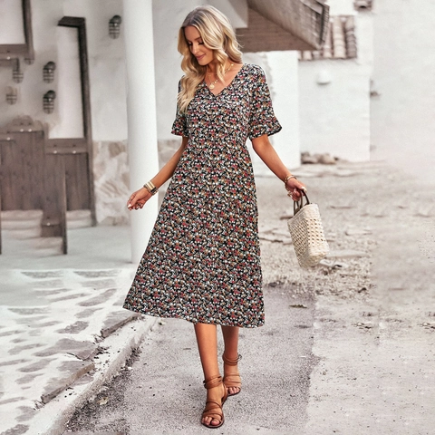 Women Floral Midi Dress V Neck Short Sleeve Tiered Ruffle Elegant Summer Casual Dress Polyester Spandex High Waist