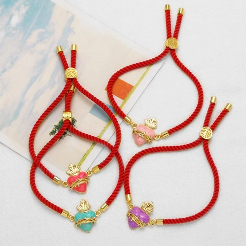 Sacred Heart Pendant Bracelet Copper Enamel Zircon Red Braided Rope Adjustable Fashion Jewelry