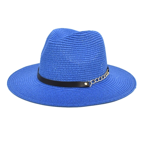 Straw Fedora Hat Summer Beach Sun Protection Hat With Gold Metal Chain Foldable Breathable Elegant Jazz Cap For Travel