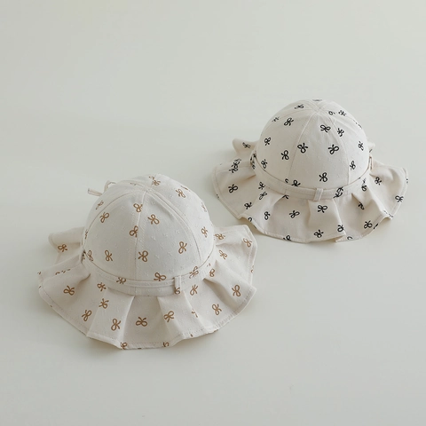 Chapeau De Soleil Pour Filles En Mélange De Coton À Bord Volanté Imprimé Nœud Chapeau De Pêcheur Respirant Style Princesse