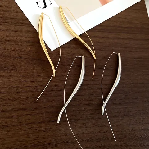 Minimalist Long Streamlined Drop Earrings With Silver Earring Post Polished Wave Shape For Women Fashion Jewelry
