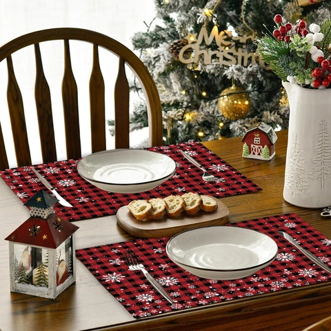 Christmas Placemats Polyester Heat Resistant Red Black Plaid Snowflake Pattern Holiday Dining Table Decor Mat