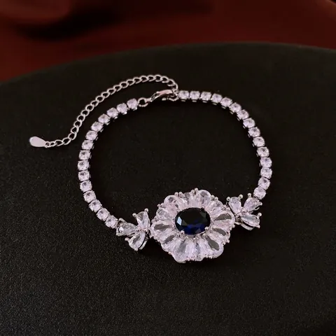 Flower Pendant Bracelet Copper Cubic Zirconia Blue Stone Tennis Chain French Style Adjustable Jewelry Women