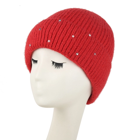 Damen Strickmütze Beanie Künstliche Perlen Strass Deko Fleecegefüttert Warm Winter Outdoor Acryl