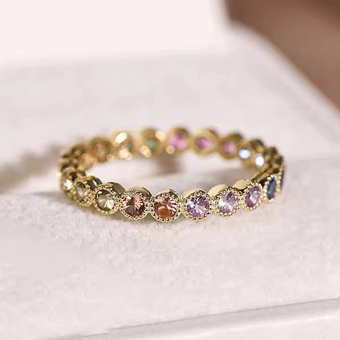 Eternity Ring Gold Plated Copper Colorful Cubic Zirconia Milgrain Edge Rainbow Band Daily Sweet Jewelry For Women