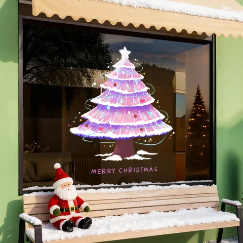 Christmas Tree Window Cling Static PVC Sticker Pink Purple Hand Drawn Style For Shop Glass Door Holiday Decoration