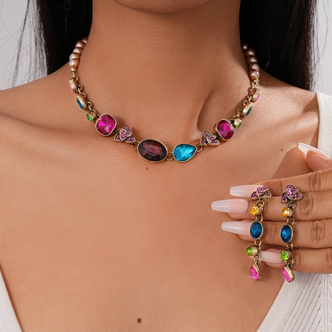 Retro Jewelry Necklace And Earrings Alloy Rhinestone Imitation Artificial Pearl Silver Earring Post Colorful Floral Design For Women