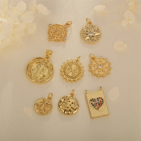 DIY Charms Pendants Copper Gold Plated With Zircon For Jewelry Making Bee Star Moon Heart Religious Medal Vintage Boho