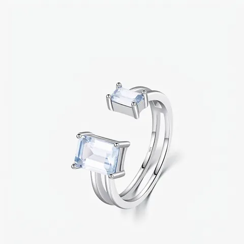 925 Sterling Silver Double Layer Line Ring For Women Light Blue Rectangular Zirconia Open Adjustable Minimalist Jewelry Finger Ring