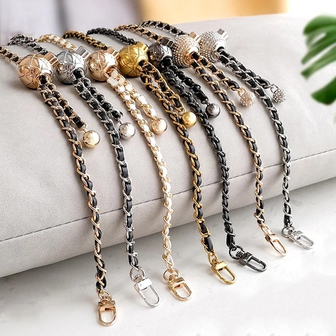 Replacement Bag Strap Chain Woven PU Leather Metal With Adjustable Ball Slider Rotating Hooks For Handbags