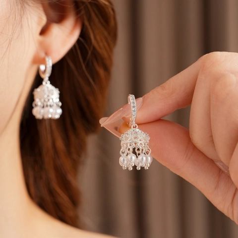 Orecchini Pendenti Nappa Perla Artificial Campanello Zircone Neo-Cinese Rame Perno Argento Gioielli Vintage Donna