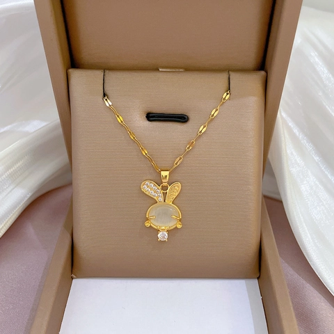Collana Con Pendente A Coniglio Catena In Acciaio Inossidabile Rame Placcato Oro Pietra Occhio Di Gatto Zircone Gioielli Donna