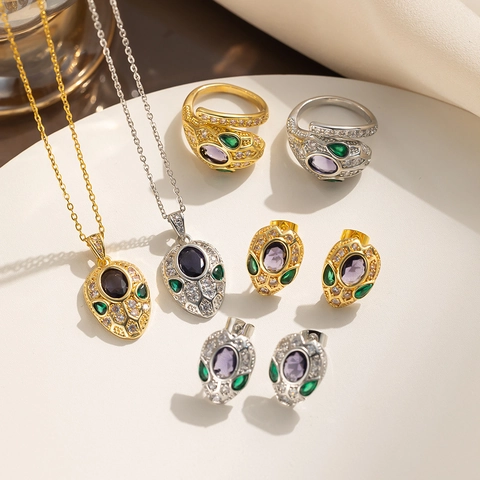 Luxury Snake Head Stainless Steel Purple Rhinestone Necklace Earrings Open Ring Collection For Women Party Accessory