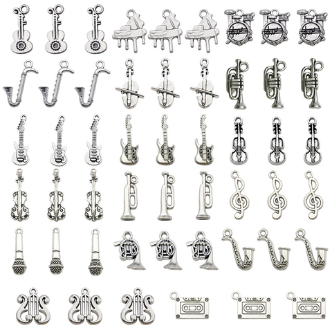 Antique Silver Musical Instrument Charms Alloy Guitar Violin Piano Saxophone Treble Clef Pendants For DIY Jewelry Making Accessories