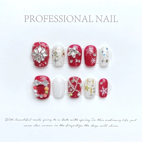 Uñas Postizas de Navidad Hechas a Mano Rojo Blanco Copo de Nieve Strass Lazo Brillante Cortas Cuadradas Uñas Artificiales