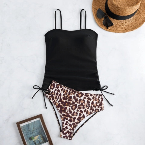 Dames Tankini Badpak Luipaardprint Broek Met Hoge Taille Trekkoord Zijkant Sexy Rugloos Polyester Ademend