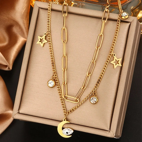 Double Layer Stainless Steel Necklace For Women 18K Gold Plated Evil Eye Star Moon Butterfly Pendant Rhinestone Jewelry