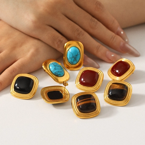 Retro French Square Stud Earrings Stainless Steel 18K Gold Plated Gemstone Inlaid Tiger Eye Turquoise For Women