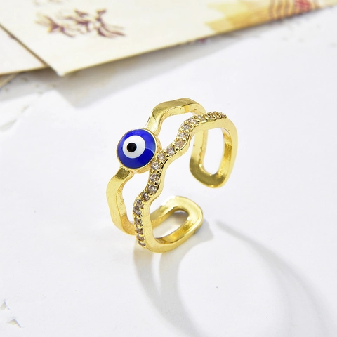 Copper 18K Gold Plated Evil Eye Double Layer Open Adjustable Ring For Women Enamel Zirconia Geometric Finger Ring Jewelry