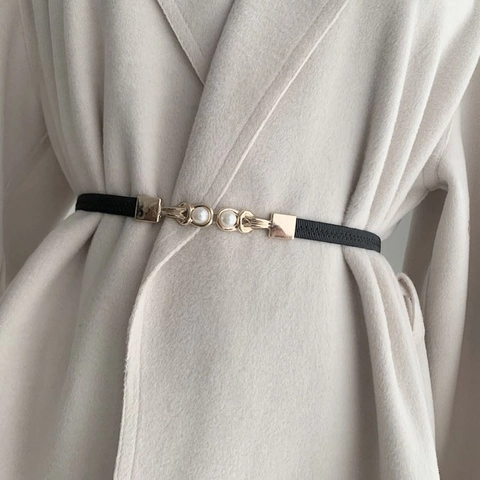 Damen Elastischer Schmaler Taillengürtel PU Leder Legierung Elegante Kunstperlenschnalle Französisch Retro Kleid Mantel Dekor
